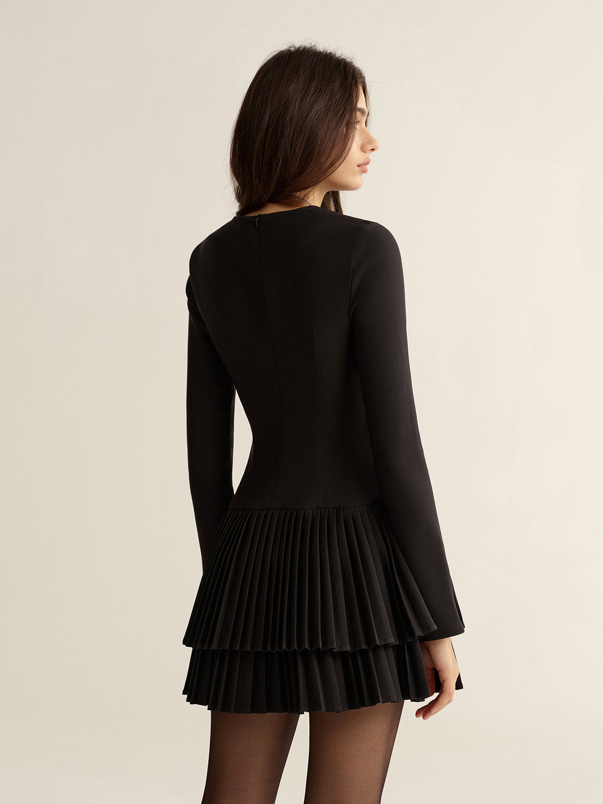 Long Sleeve Tiered Pleated Mini Dress-Chicvia