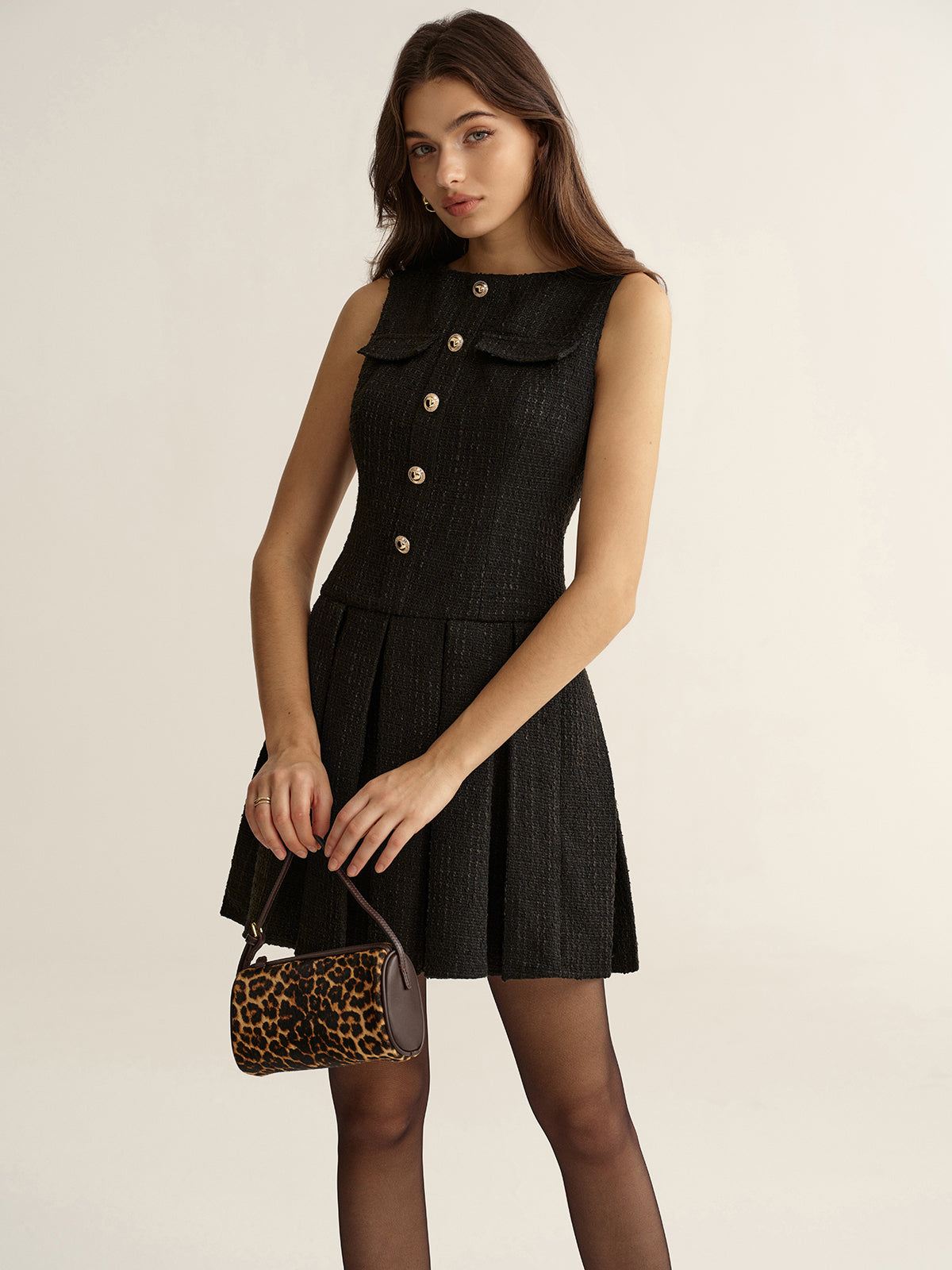 Metal Detail Tweed Pleated Mini Dress-Chicvia