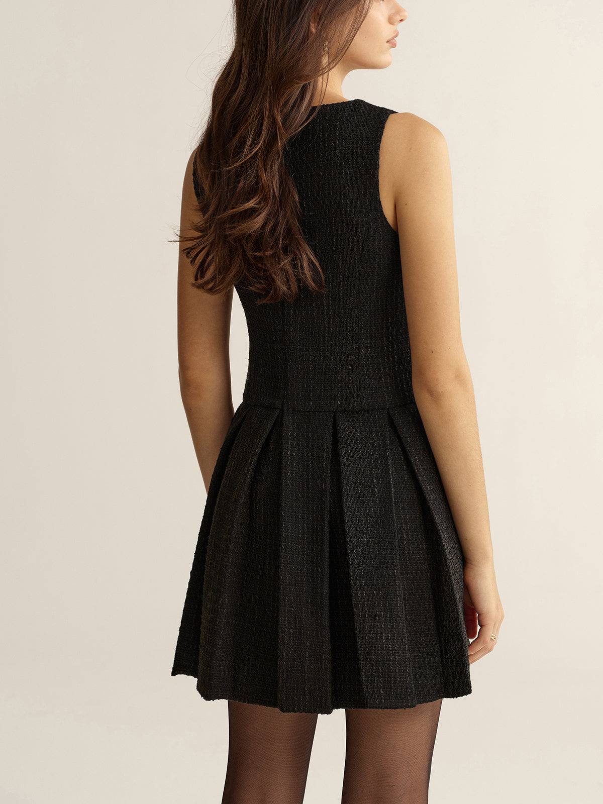 Metal Detail Tweed Pleated Mini Dress-Chicvia