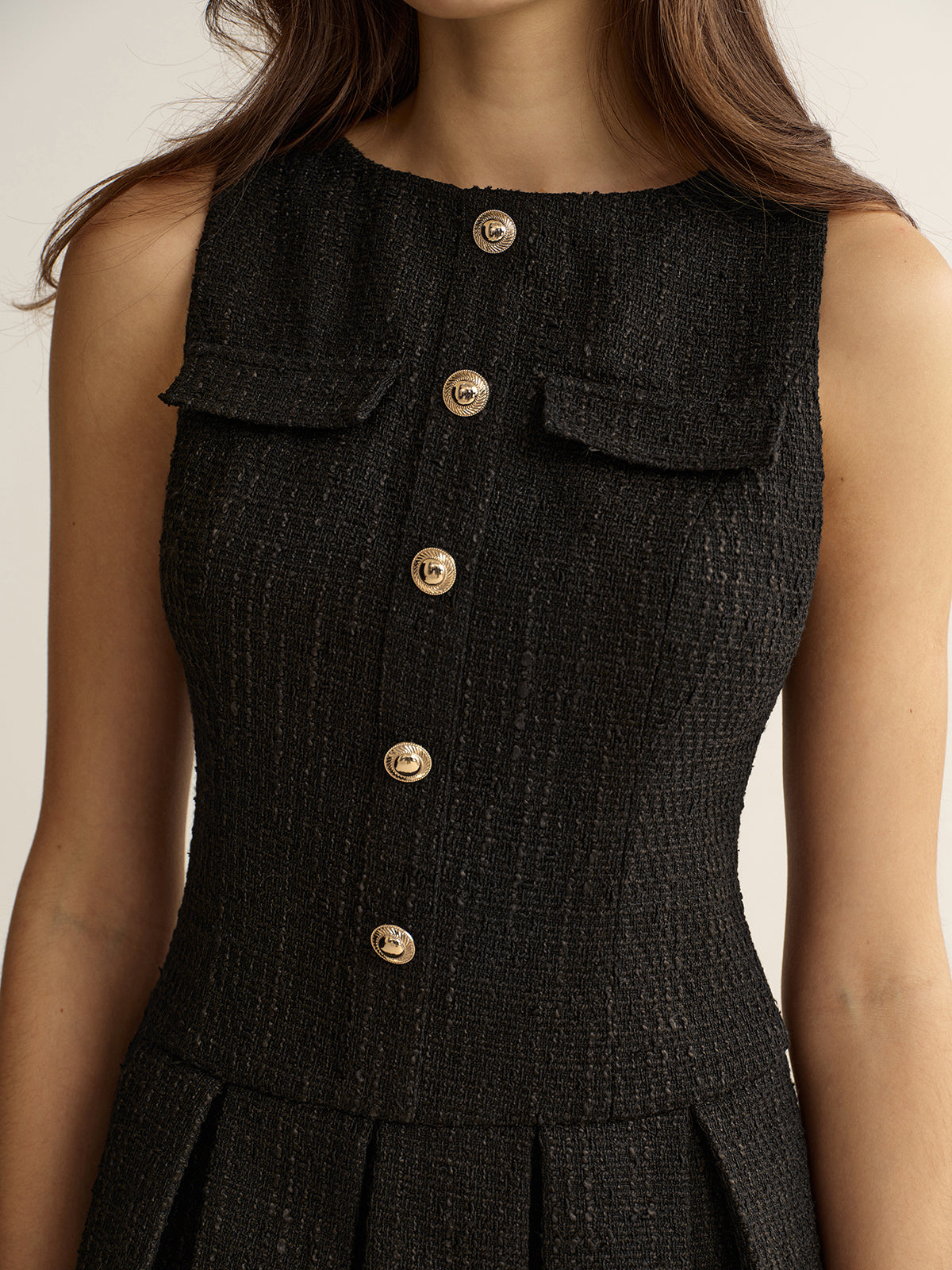 Metal Detail Tweed Pleated Mini Dress-Chicvia