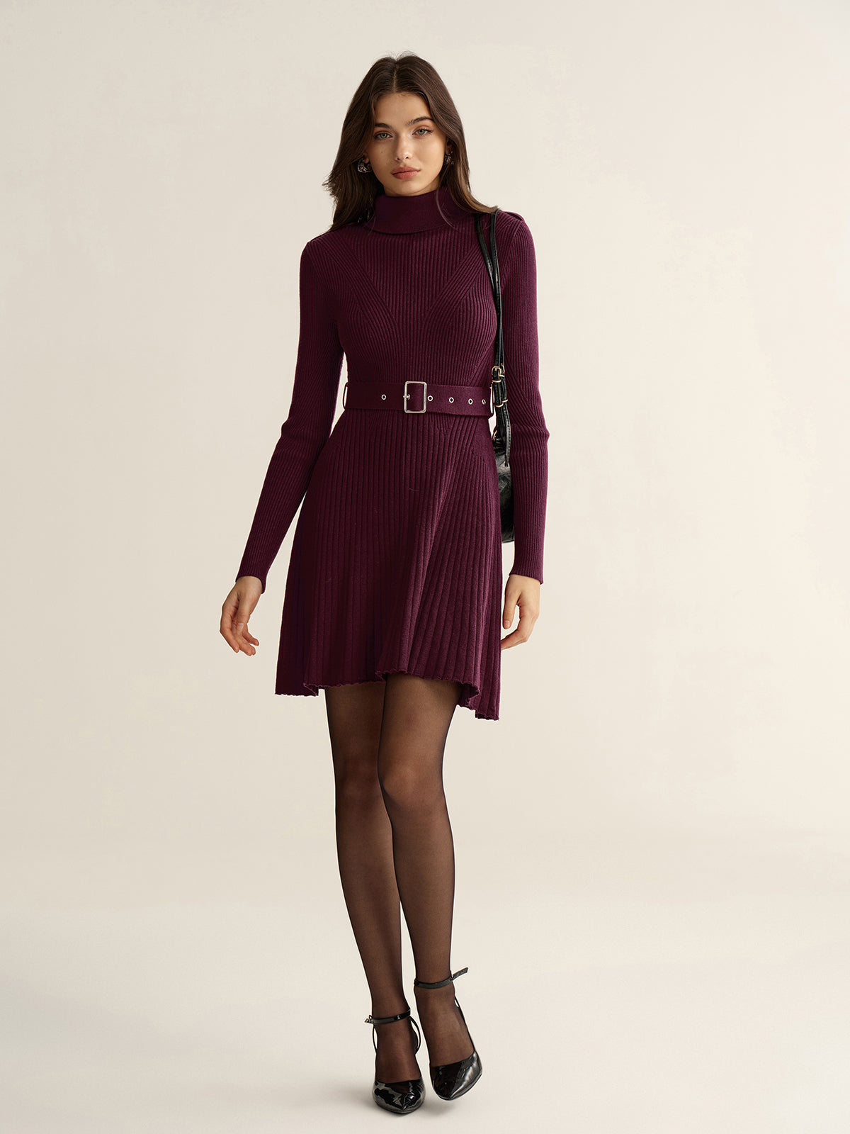Belted Turtleneck Ribbed Knit Mini Dress-Chicvia