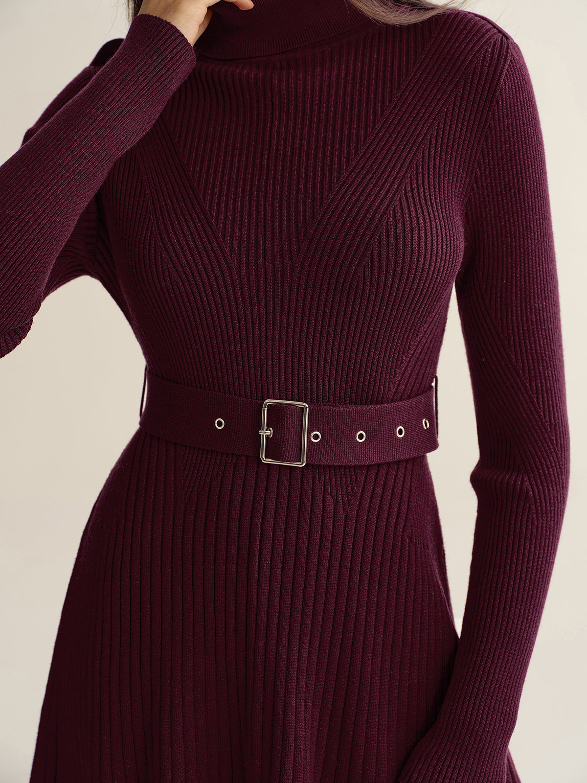 Belted Turtleneck Ribbed Knit Mini Dress-Chicvia