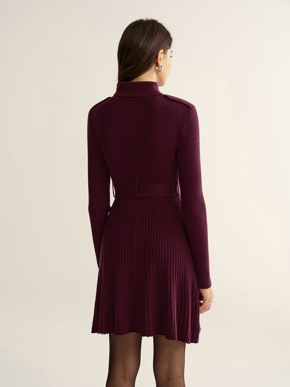 Belted Turtleneck Ribbed Knit Mini Dress-Chicvia