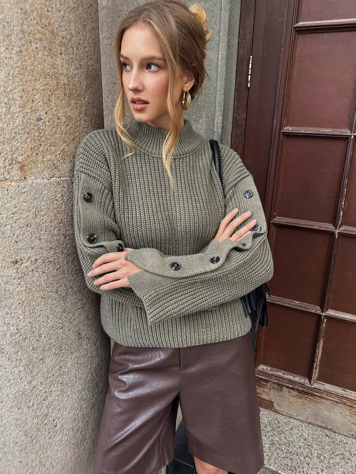 Mock Neck Button-Detail Sleeve Sweater-Chicvia