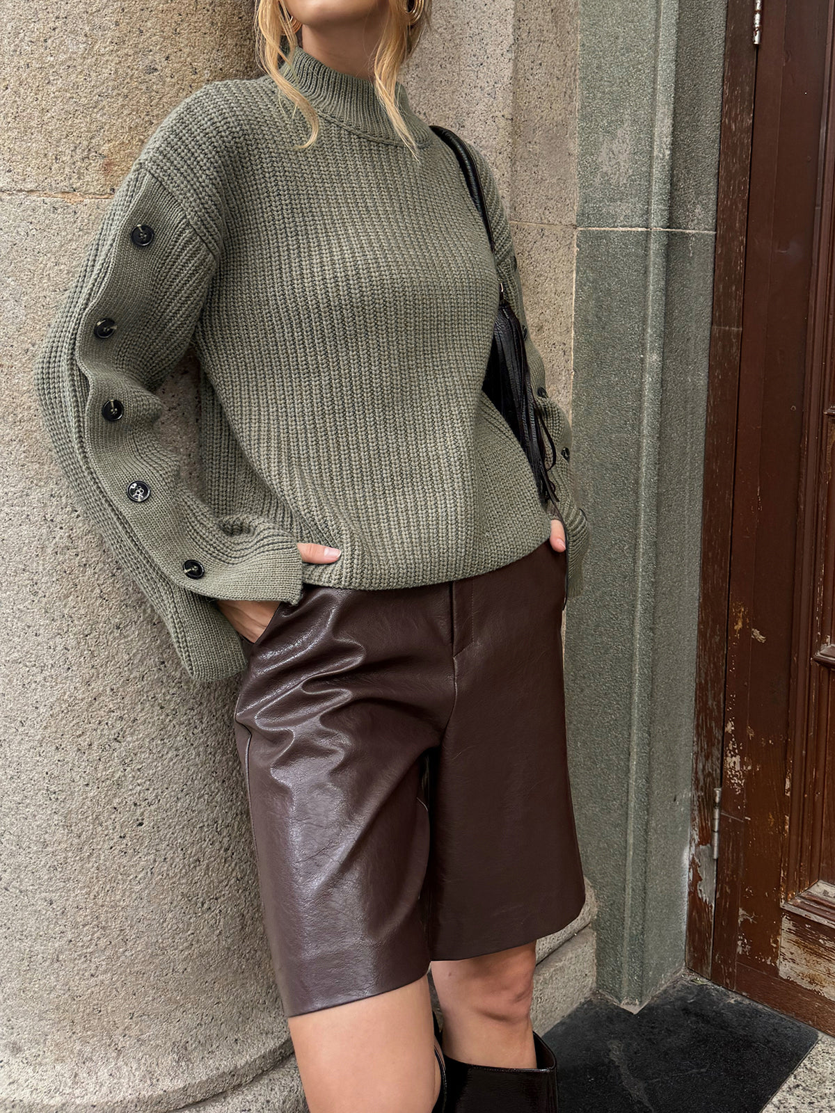 Mock Neck Button-Detail Sleeve Sweater-Chicvia