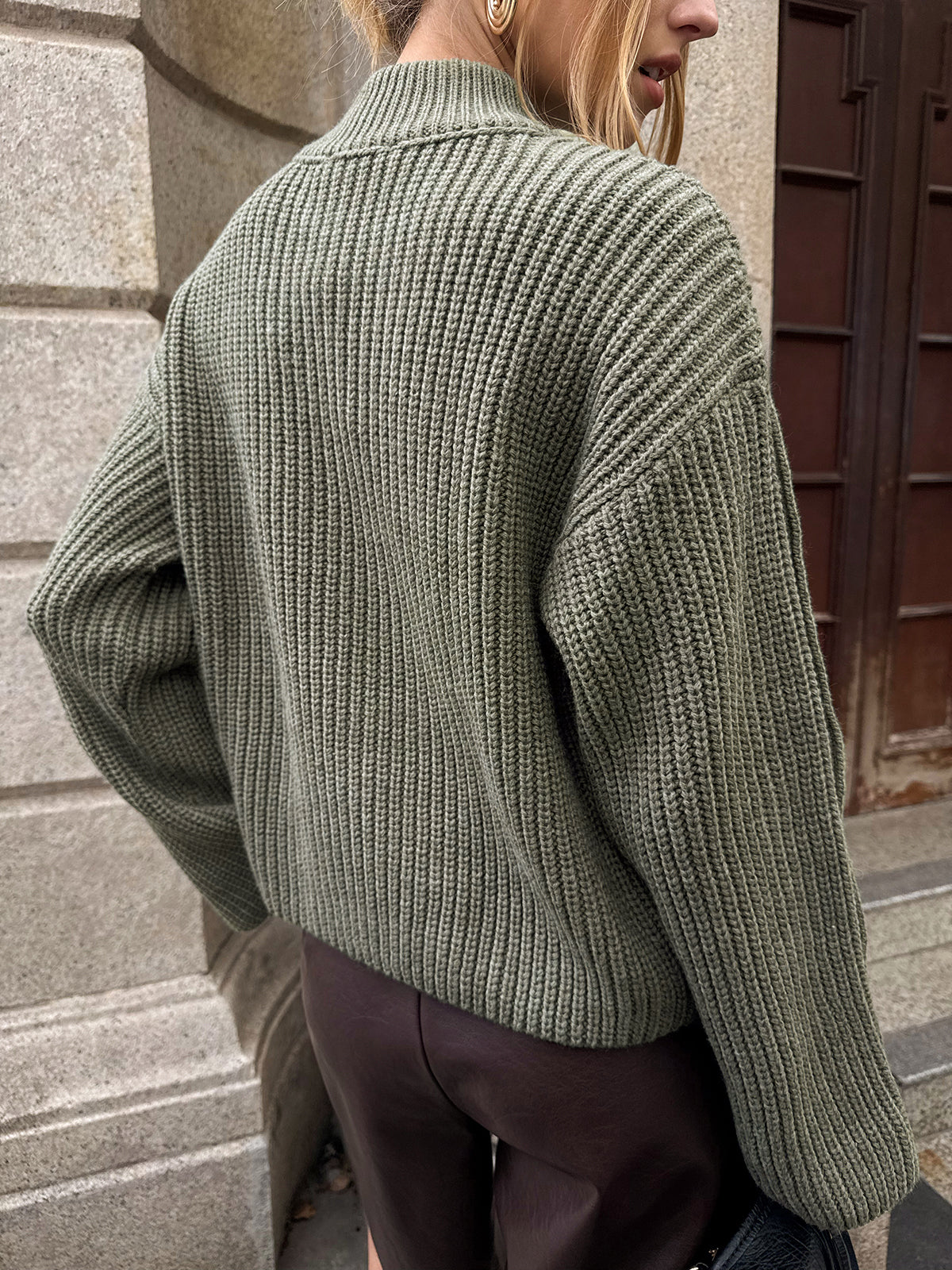 Mock Neck Button-Detail Sleeve Sweater-Chicvia