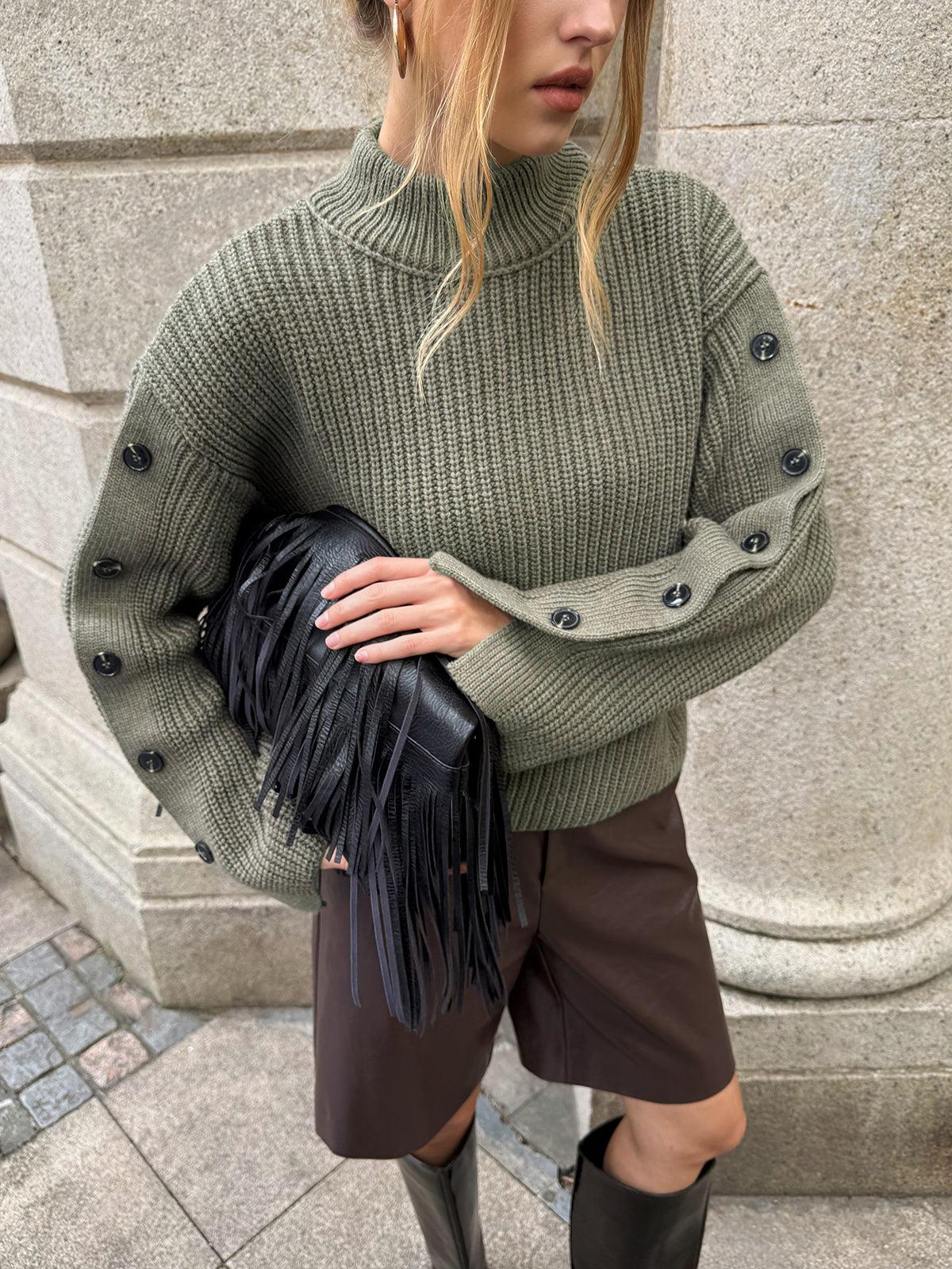 Mock Neck Button-Detail Sleeve Sweater-Chicvia