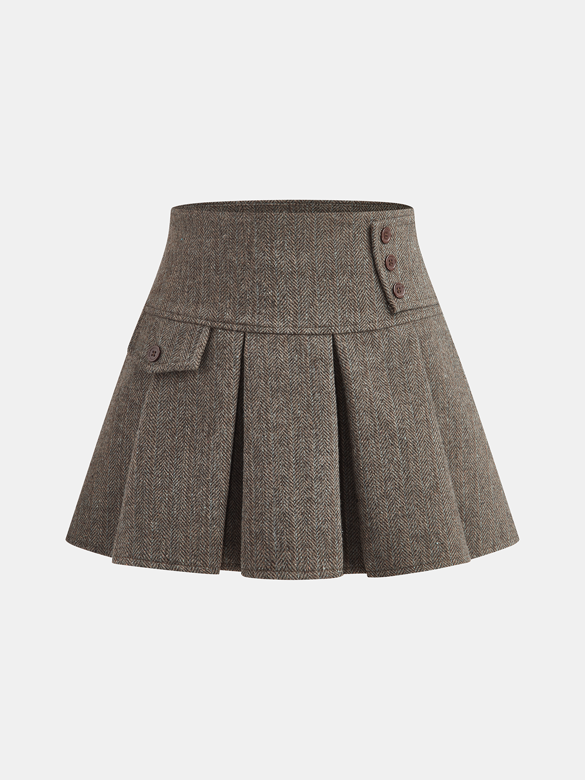 Herringbone Tweed Pleated Mini Skirt-Chicvia