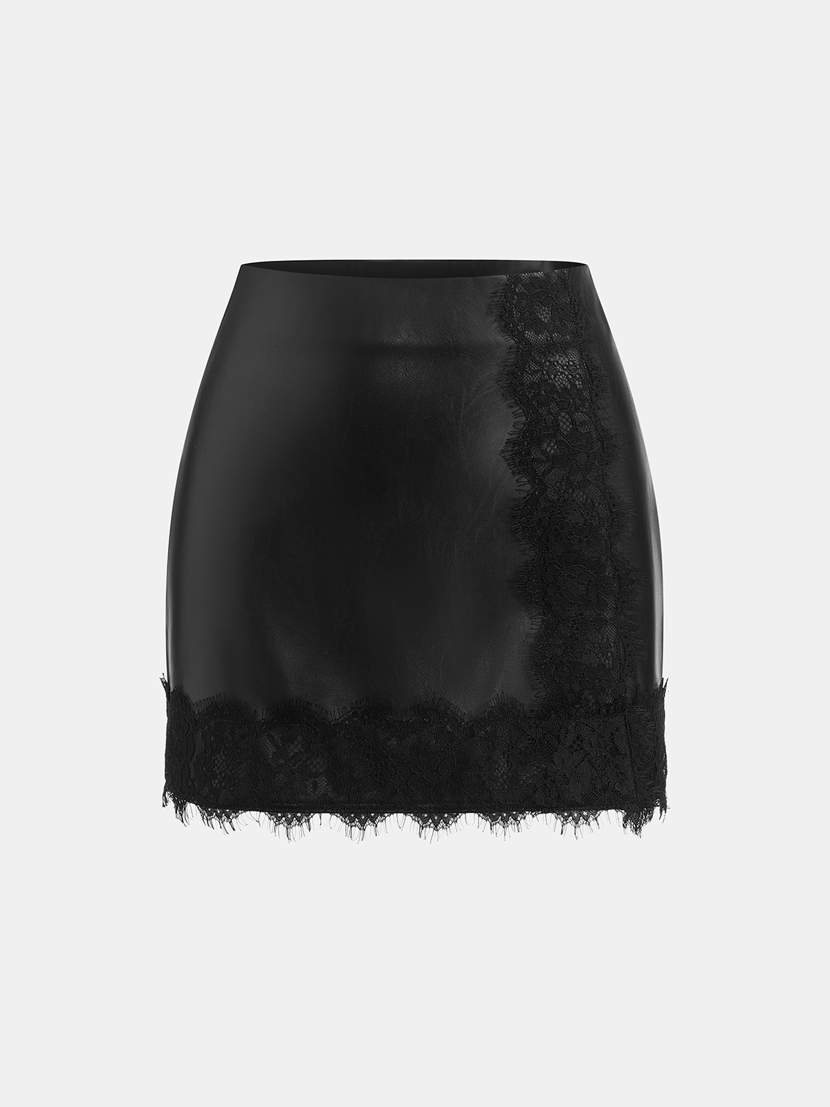 Lace Trim Faux Leather Mini Skirt-Chicvia