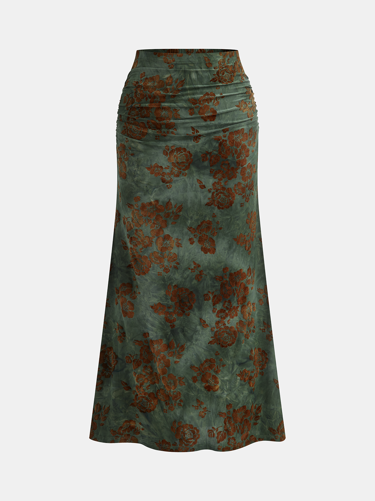 Floral Jacquard Ruched Maxi Skirt-Chicvia