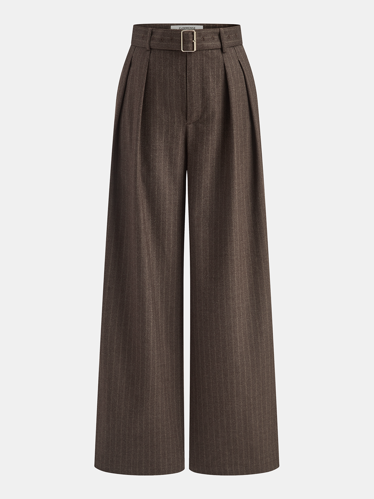 Belted Pinstripe Mid-Waist Wide-Leg Pants-Chicvia
