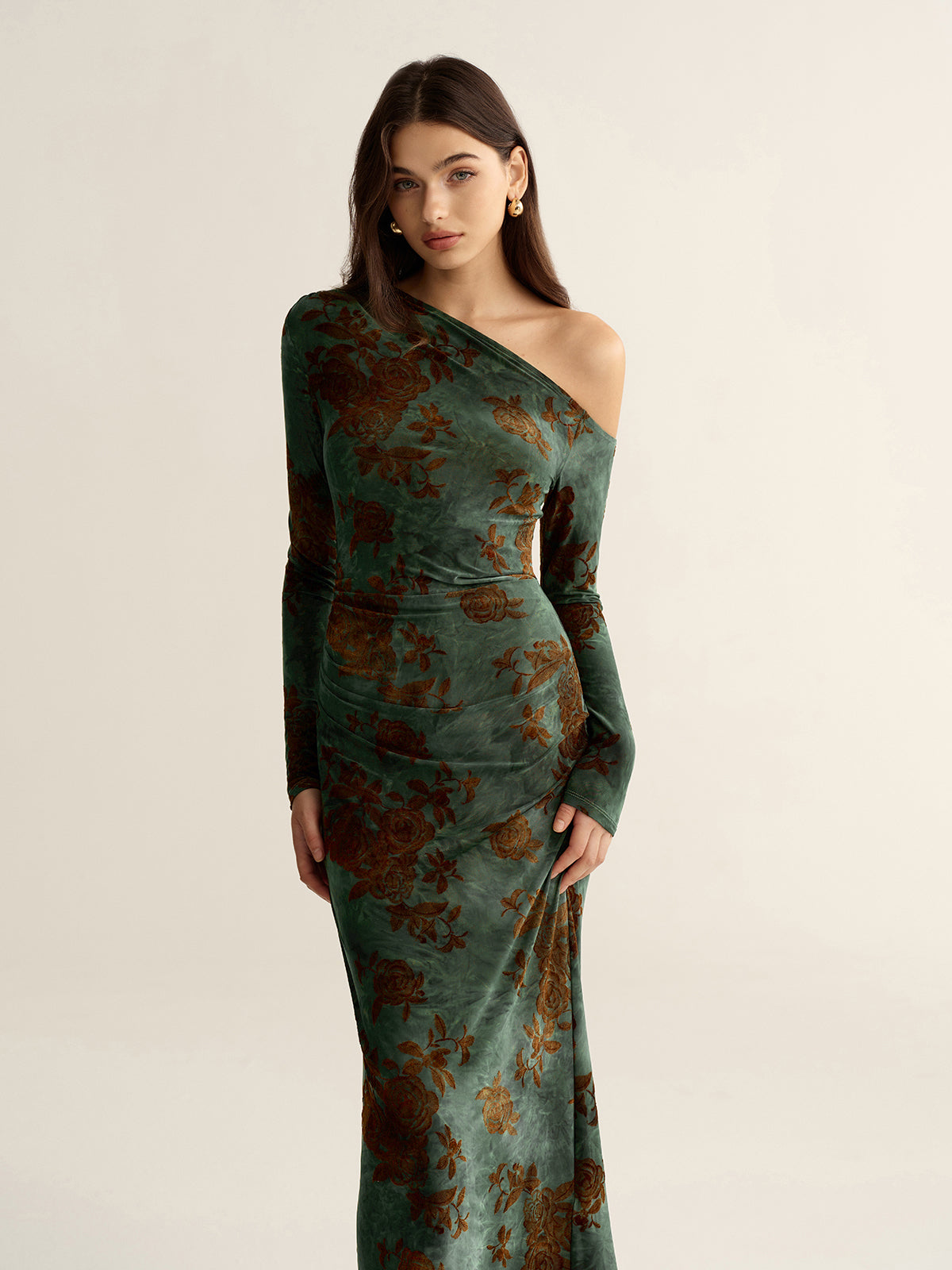Floral Jacquard One-Shoulder Maxi Dress-Chicvia