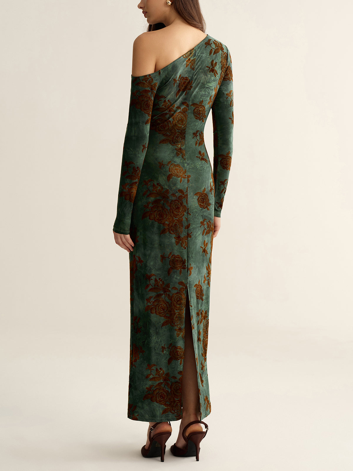 Floral Jacquard One-Shoulder Maxi Dress-Chicvia