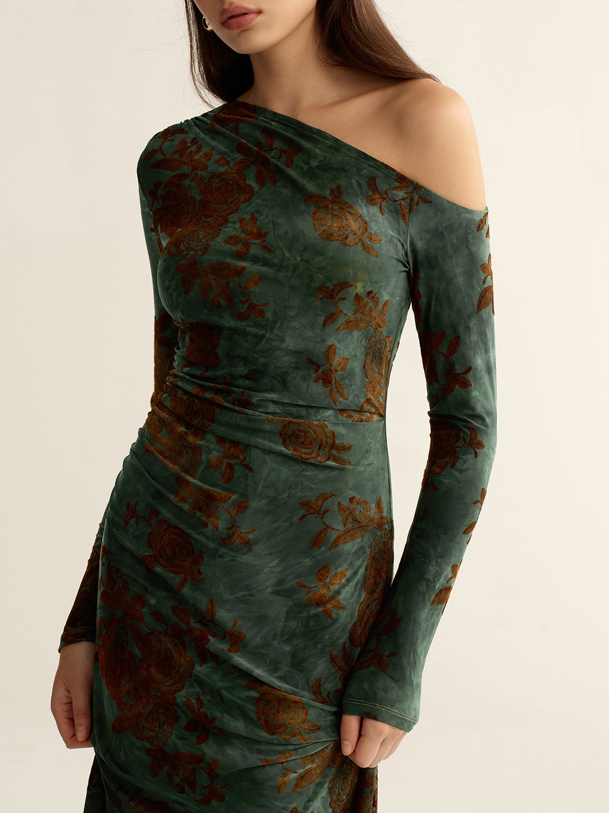 Floral Jacquard One-Shoulder Maxi Dress-Chicvia