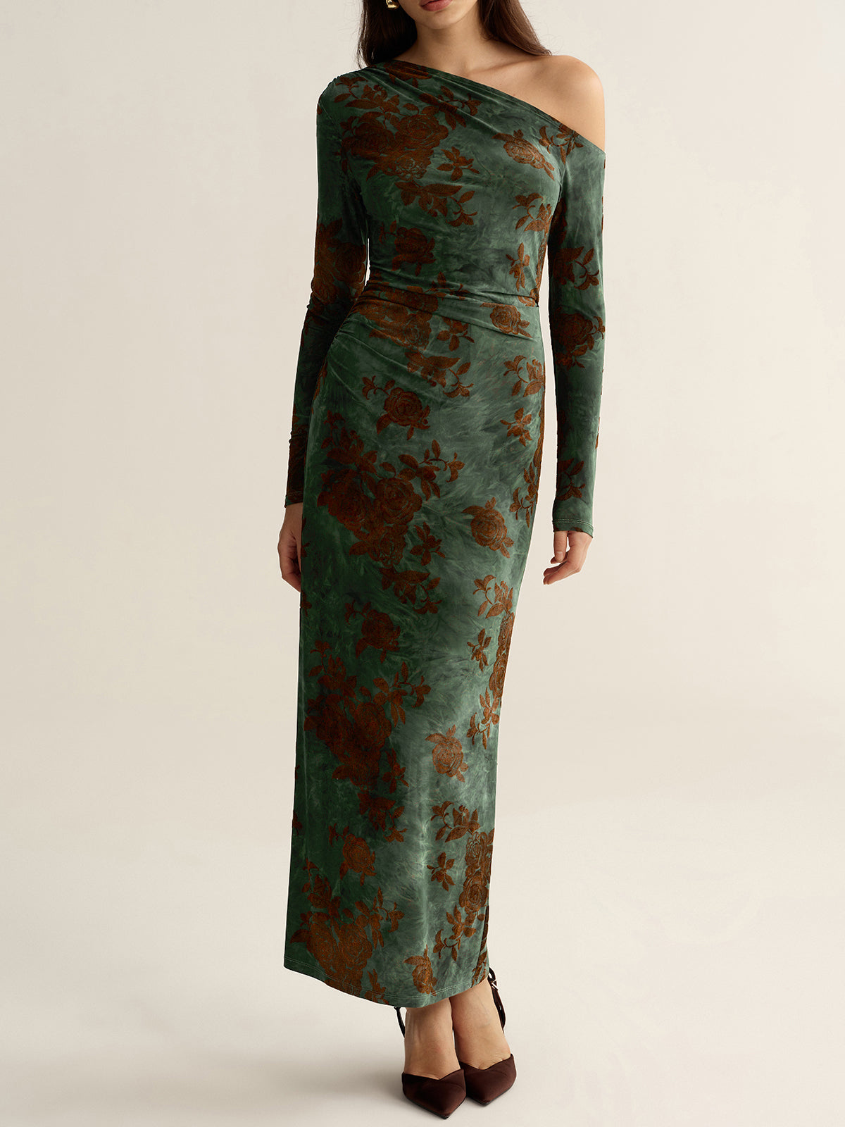 Floral Jacquard One-Shoulder Maxi Dress-Chicvia