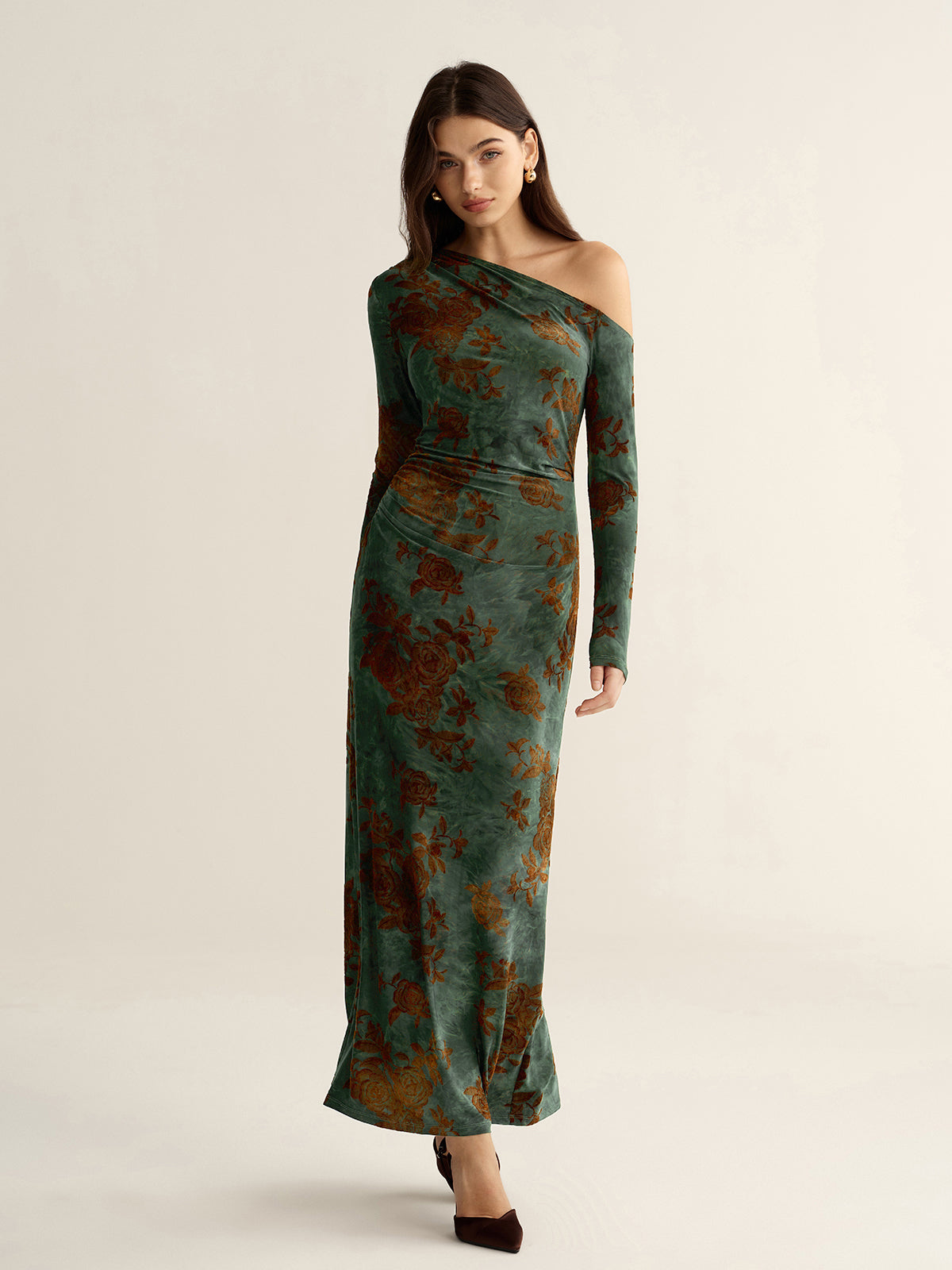 Floral Jacquard One-Shoulder Maxi Dress-Chicvia
