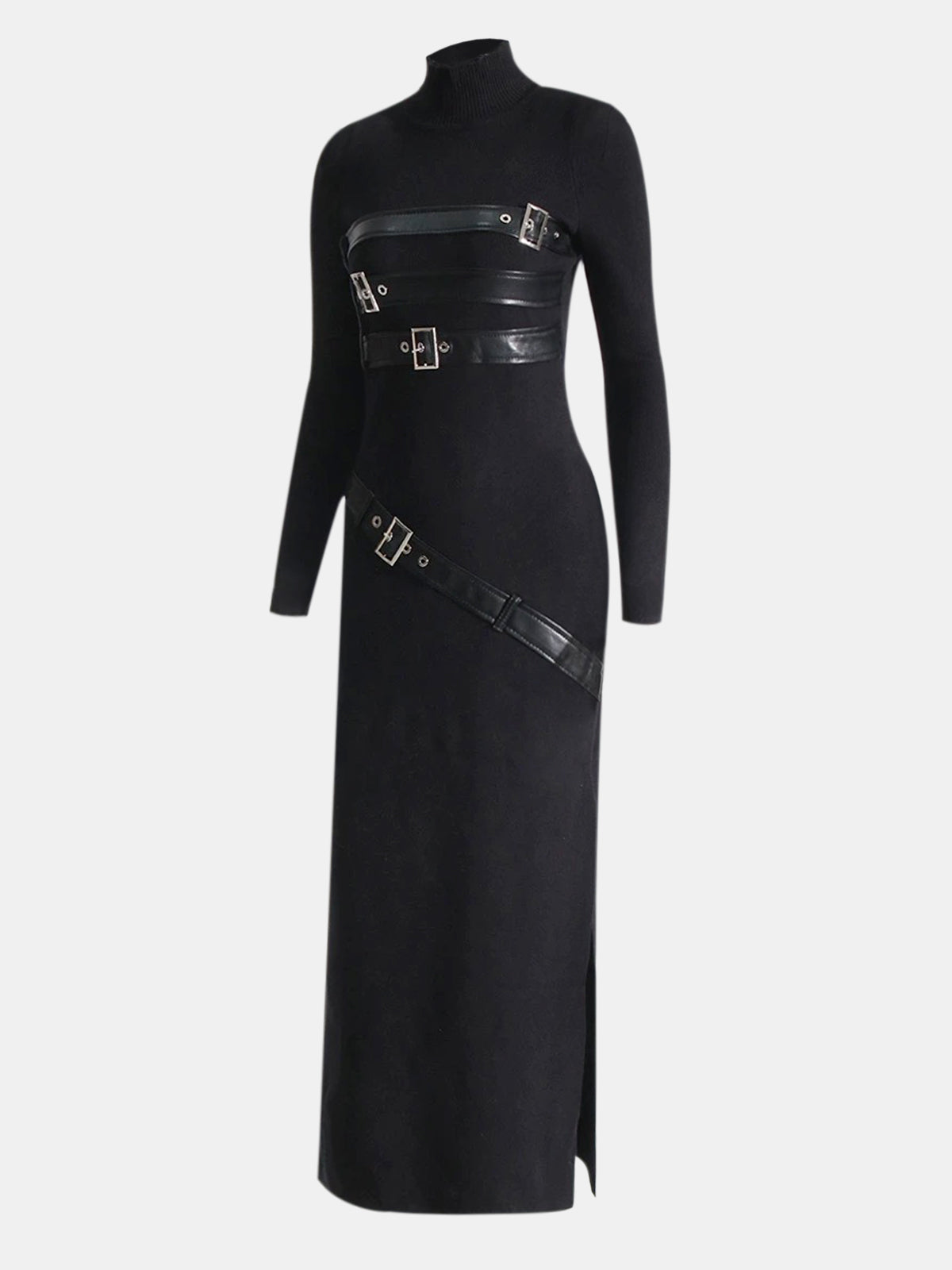 Faux Leather Panel Mock Neck Knit Maxi Dress-Chicvia