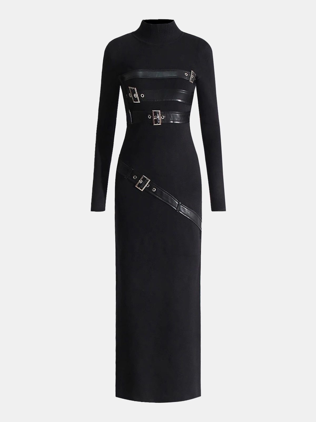 Faux Leather Panel Mock Neck Knit Maxi Dress-Chicvia