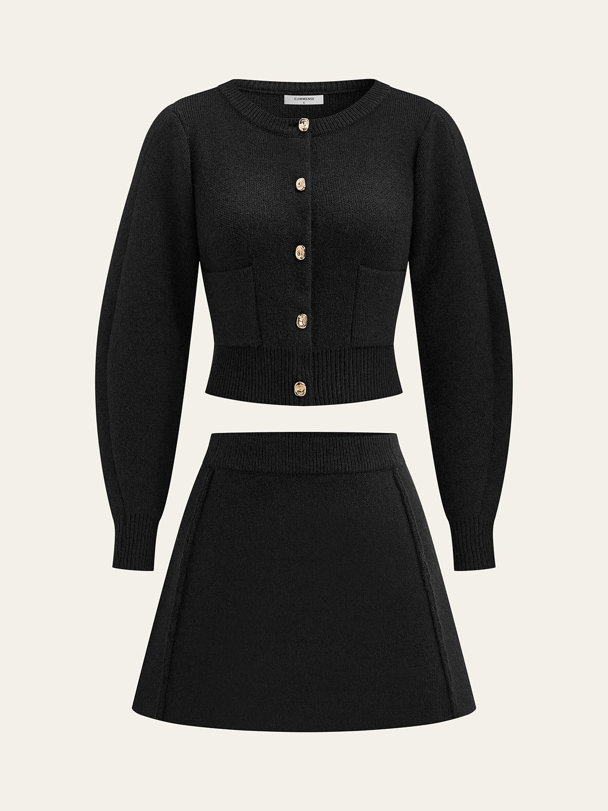 Lamb Sleeve Metal Button Knit Top and Skirt Set-Chicvia