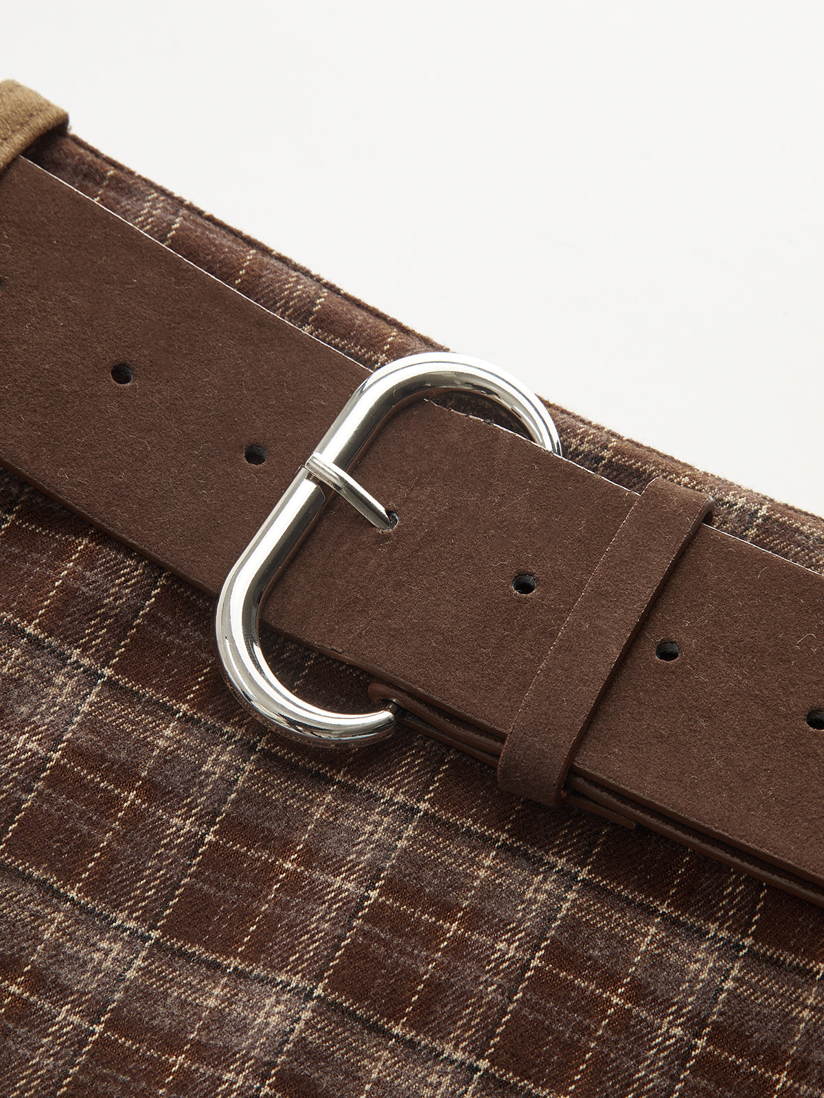 Plaid Panel Suede Effect Midi Skirt with Belt-Chicvia