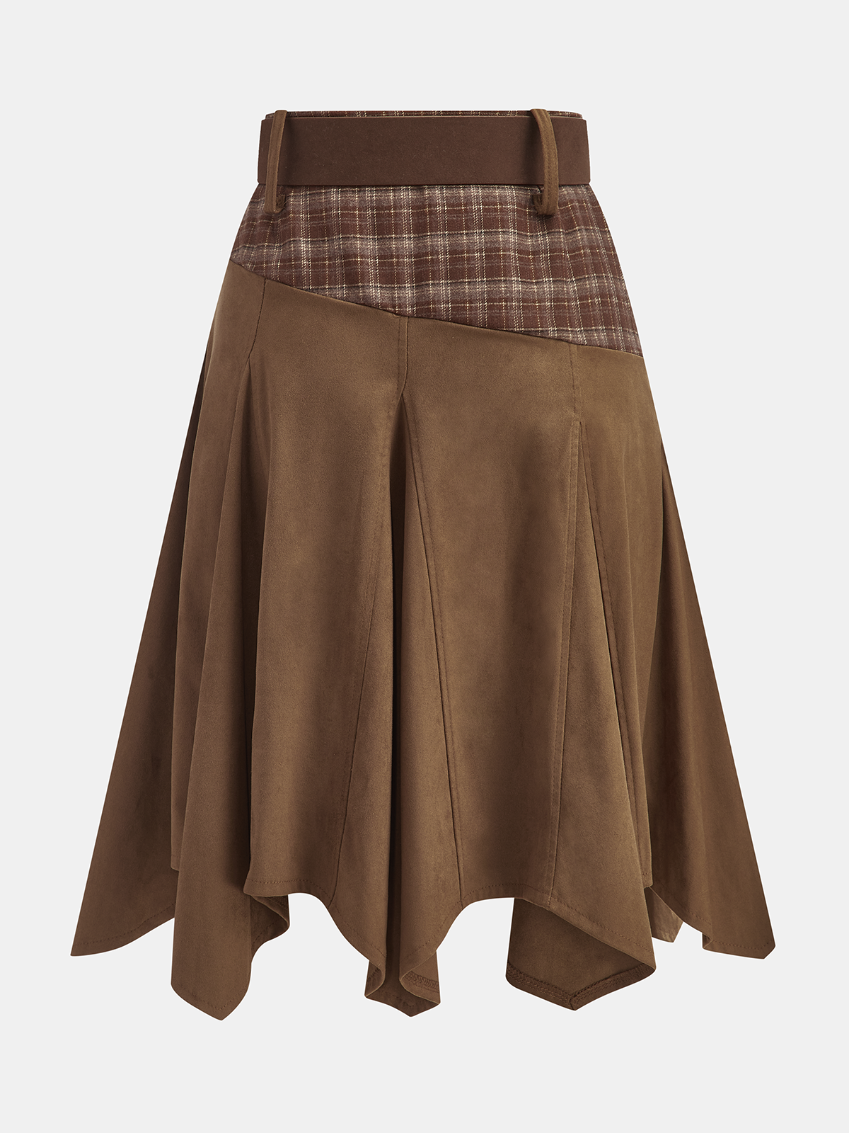 Plaid Panel Suede Effect Midi Skirt with Belt-Chicvia