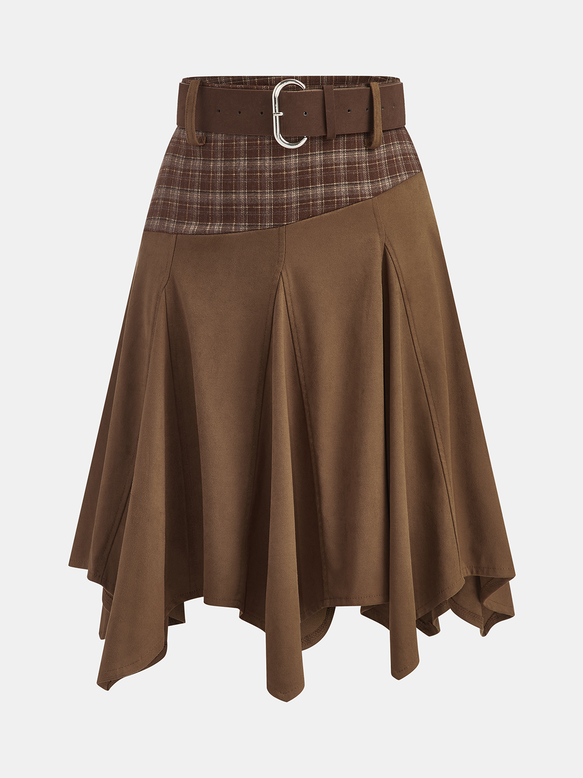 Plaid Panel Suede Effect Midi Skirt with Belt-Chicvia