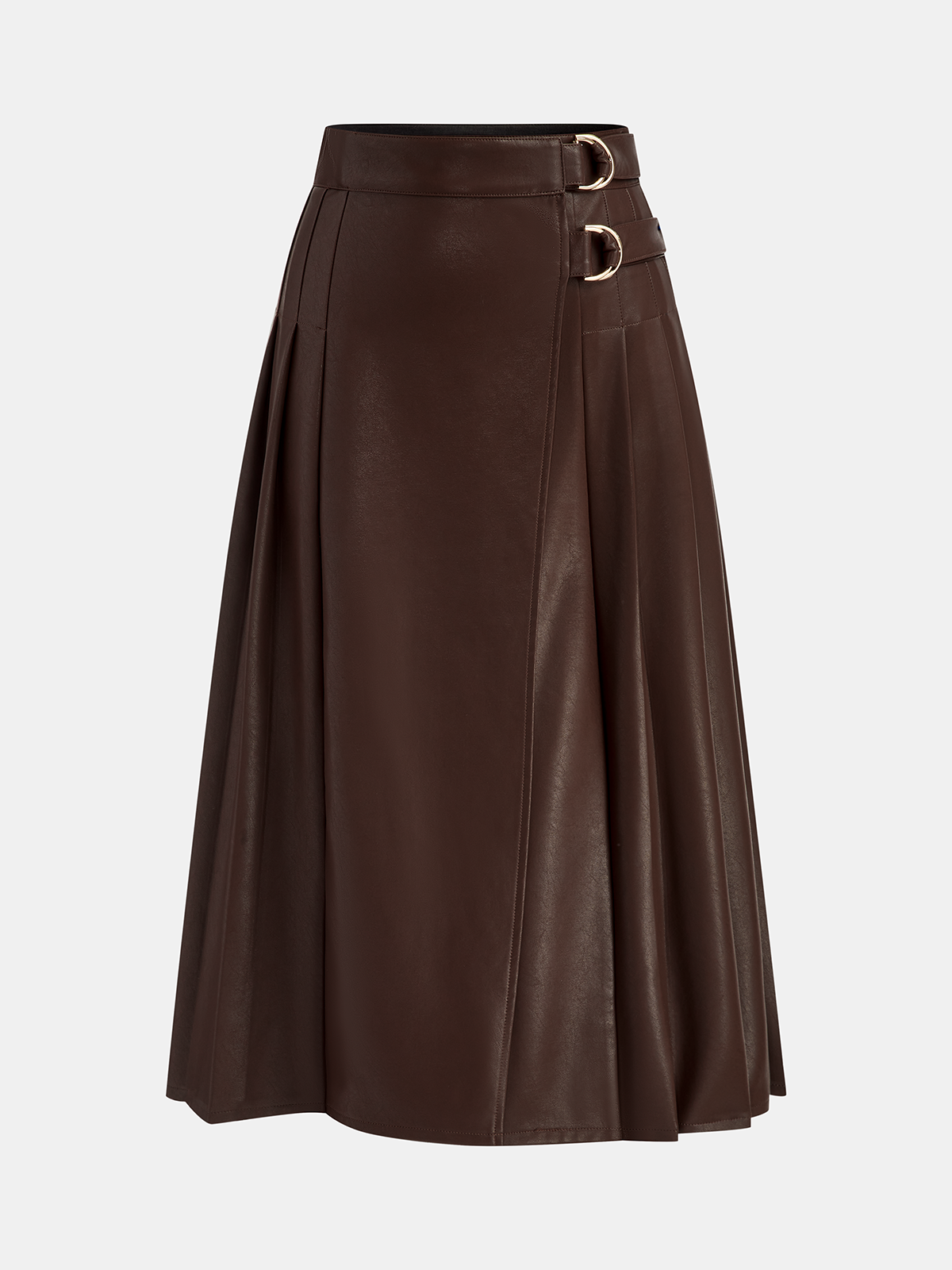 Double Buckle Detail Faux Leather Midi Skirt-Chicvia