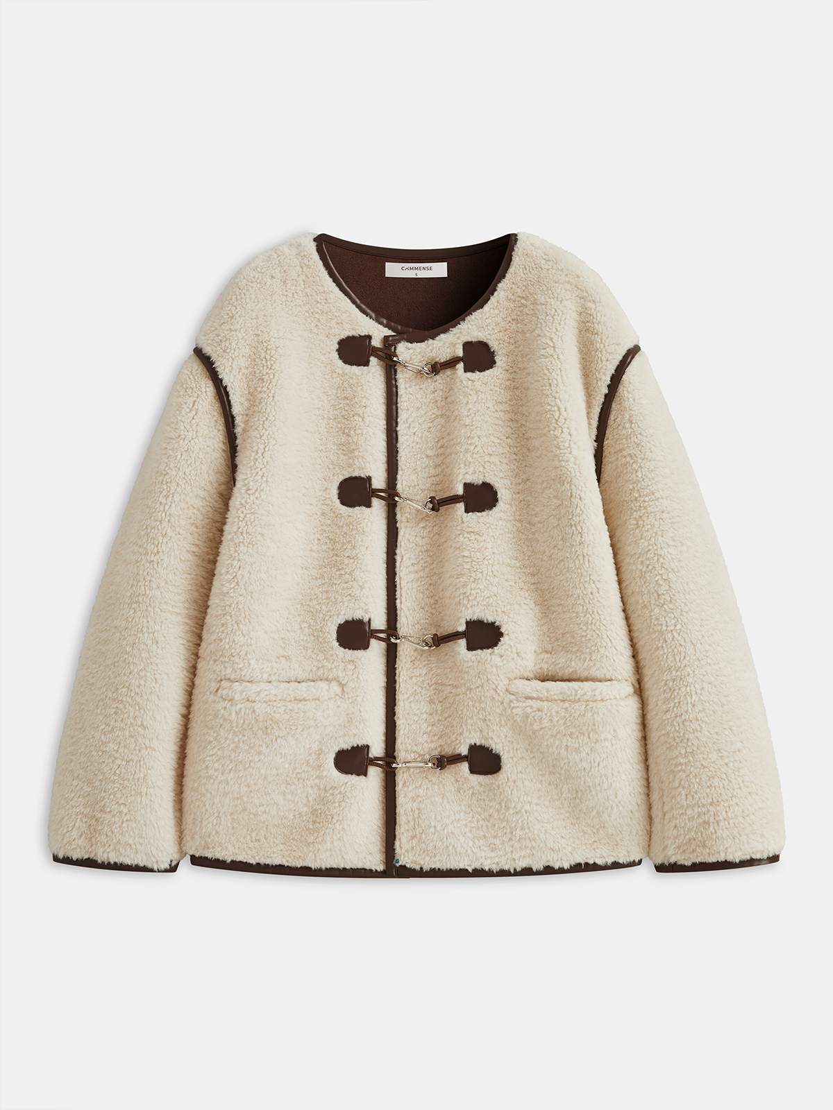 Faux Leather Trim Faux Shearling Jacket-Chicvia