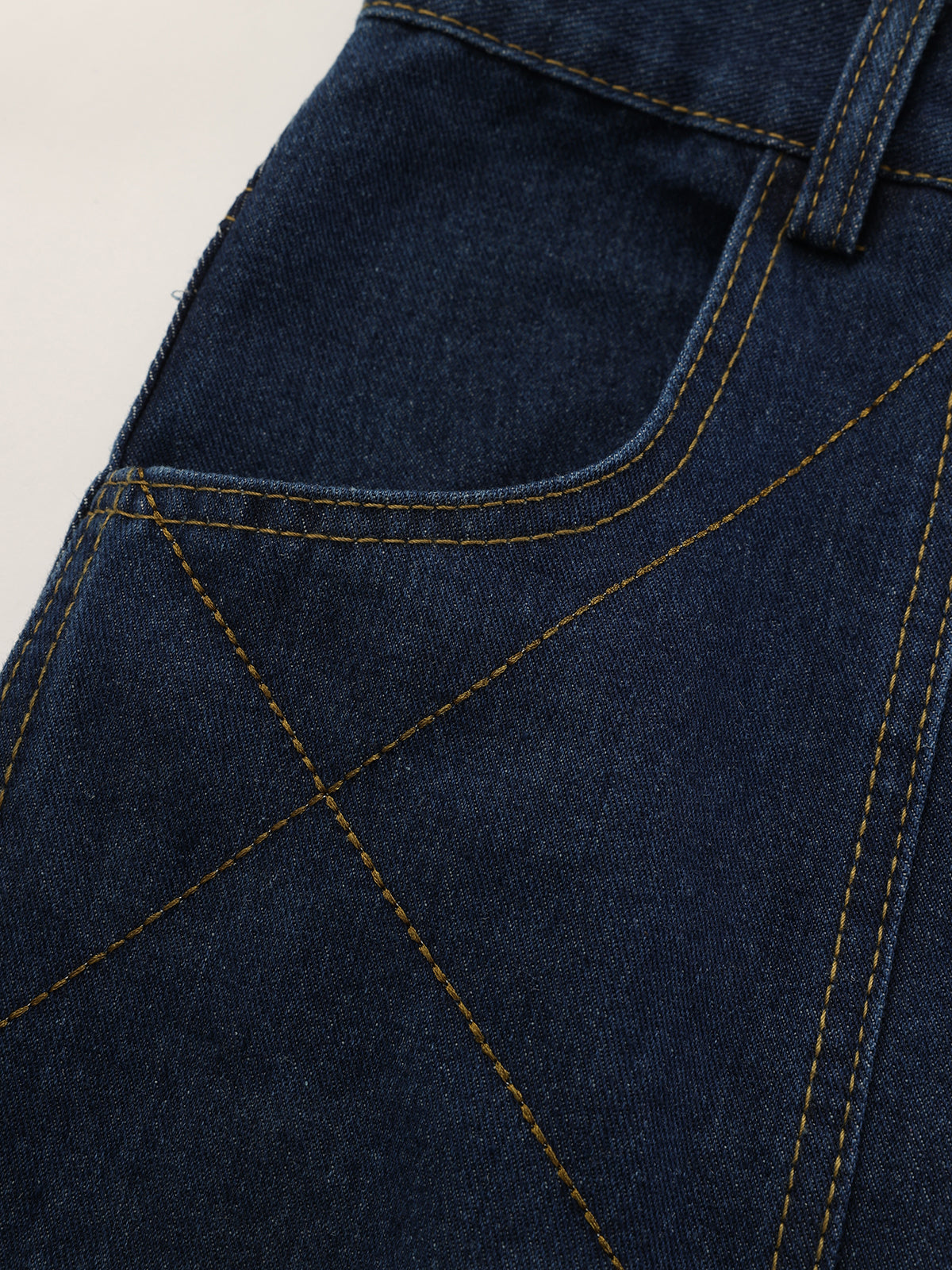 Mid-Waist Denim Curved-Leg Jeans-Chicvia