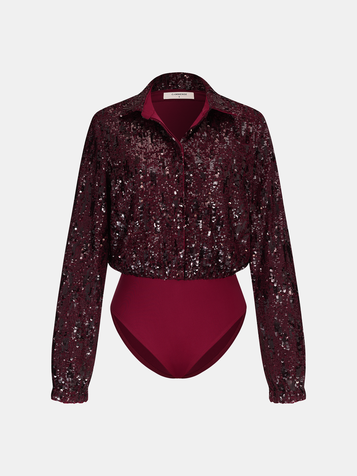 Collared Long Sleeve Sequin Bodysuit-Chicvia