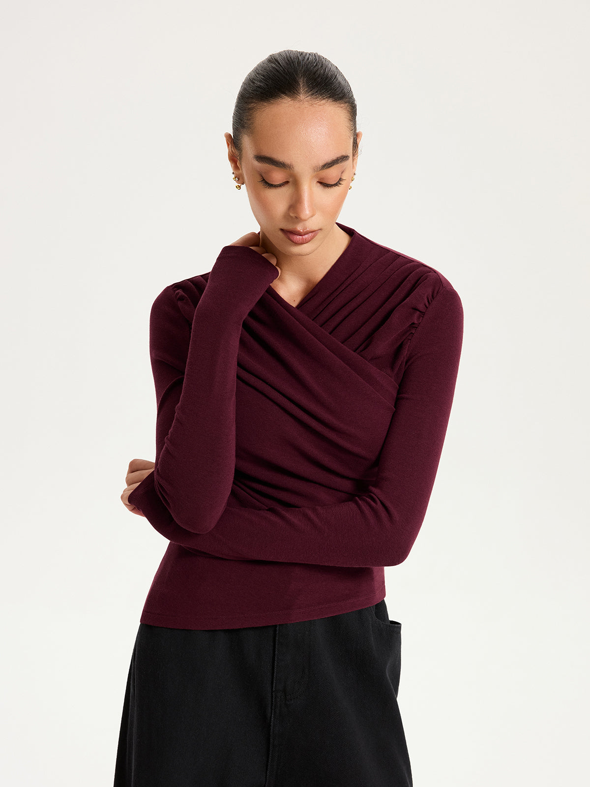 Cross Ruched Long Sleeve Top-Chicvia