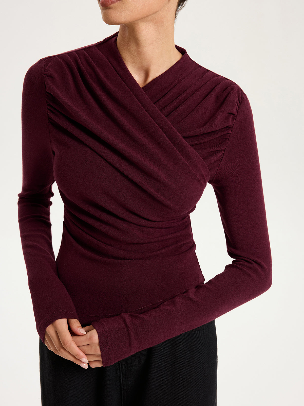 Cross Ruched Long Sleeve Top-Chicvia
