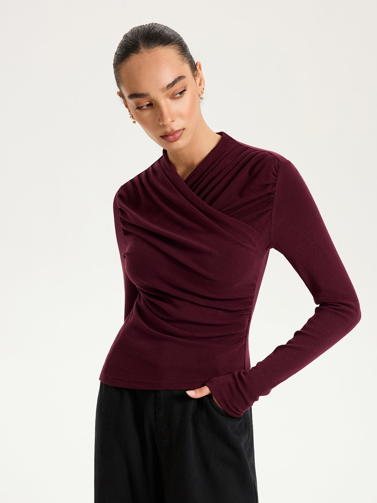 Cross Ruched Long Sleeve Top-Chicvia