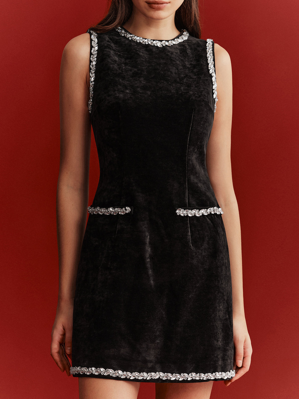 Crystal-Embellished Velvet Shift Dress-Chicvia