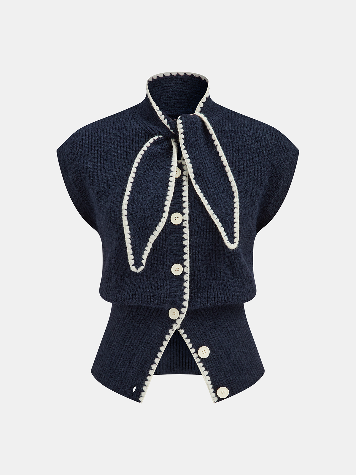 Contrast Trim Tie Neck Knit Vest-Chicvia