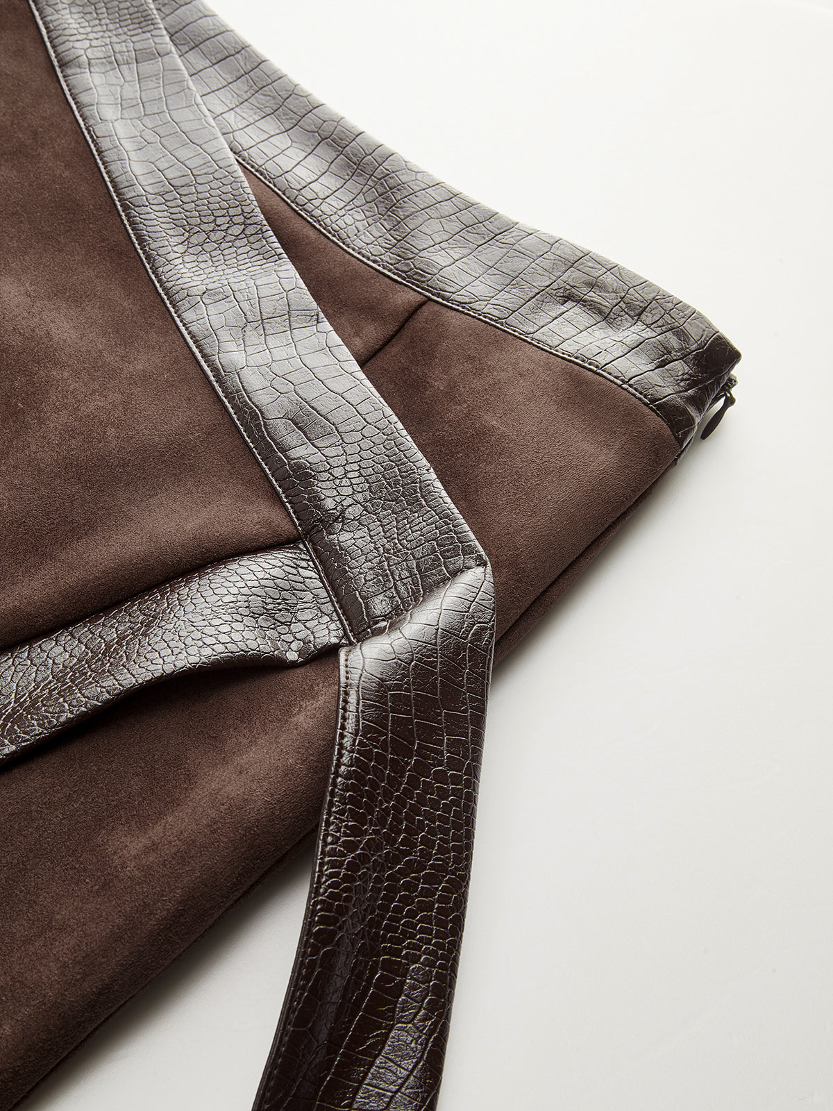 Crocodile PU Leather Panel Suede Effect Midi Skirt-Chicvia