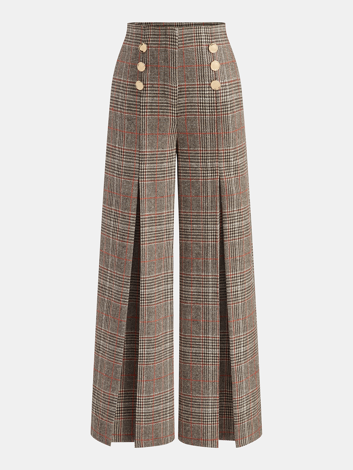 Metal Detail Slit Plaid Wide-Leg Pants-Chicvia