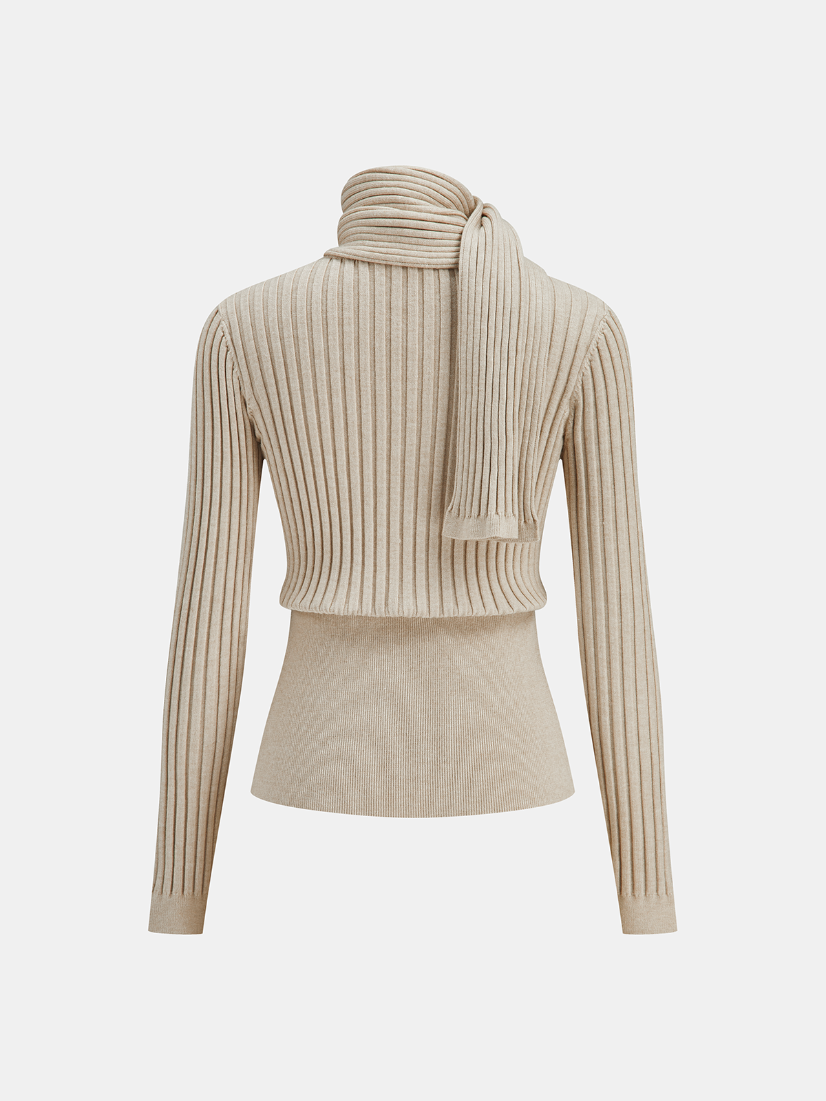 Button-Front Ribbed Knit Cardigan with Scarf-Chicvia