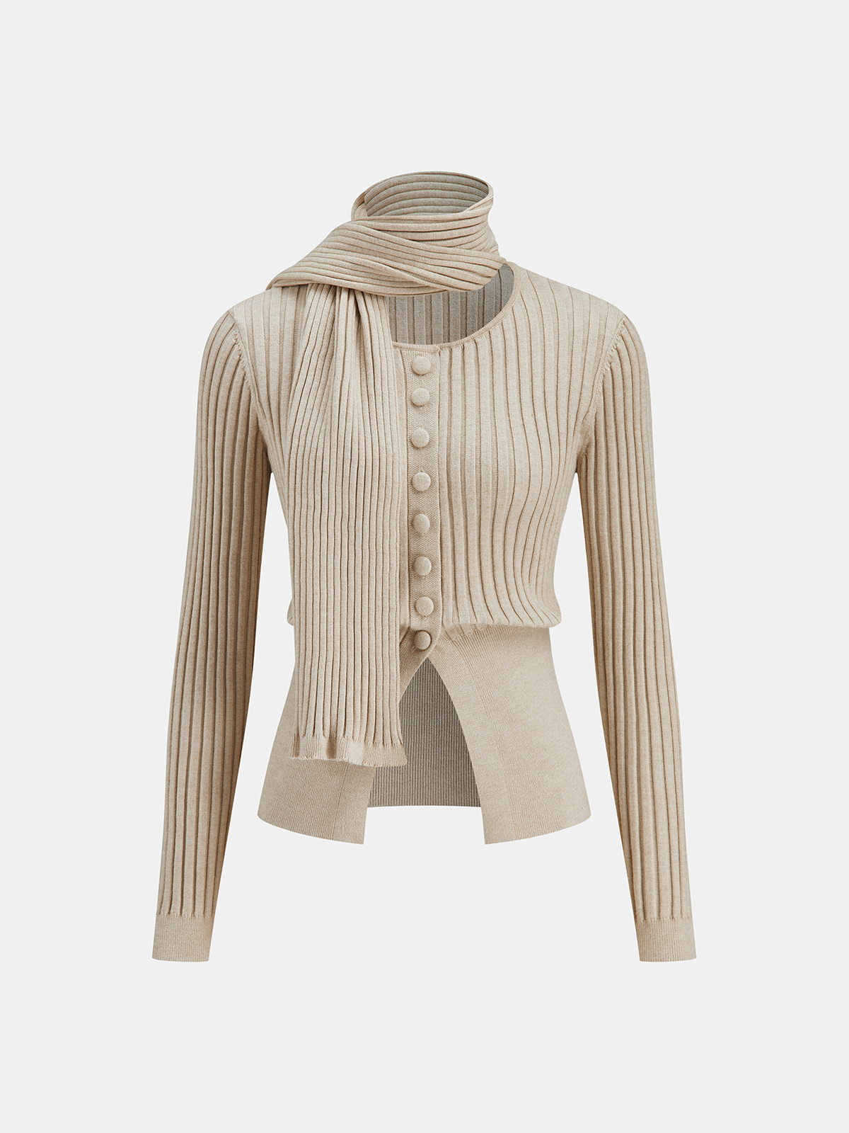 Button-Front Ribbed Knit Cardigan with Scarf-Chicvia
