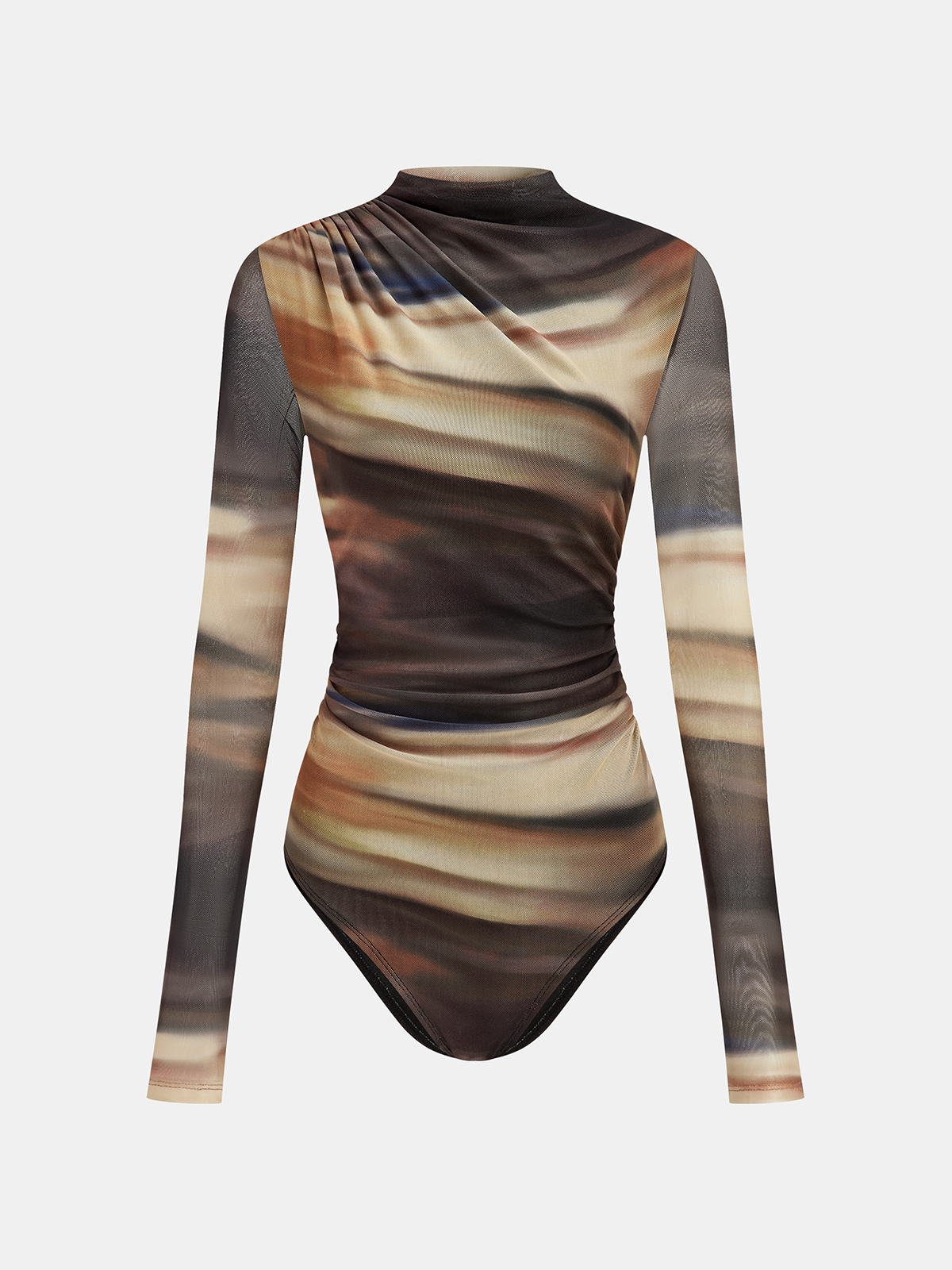Mock Neck Abstract Print Mesh Bodysuit-Chicvia