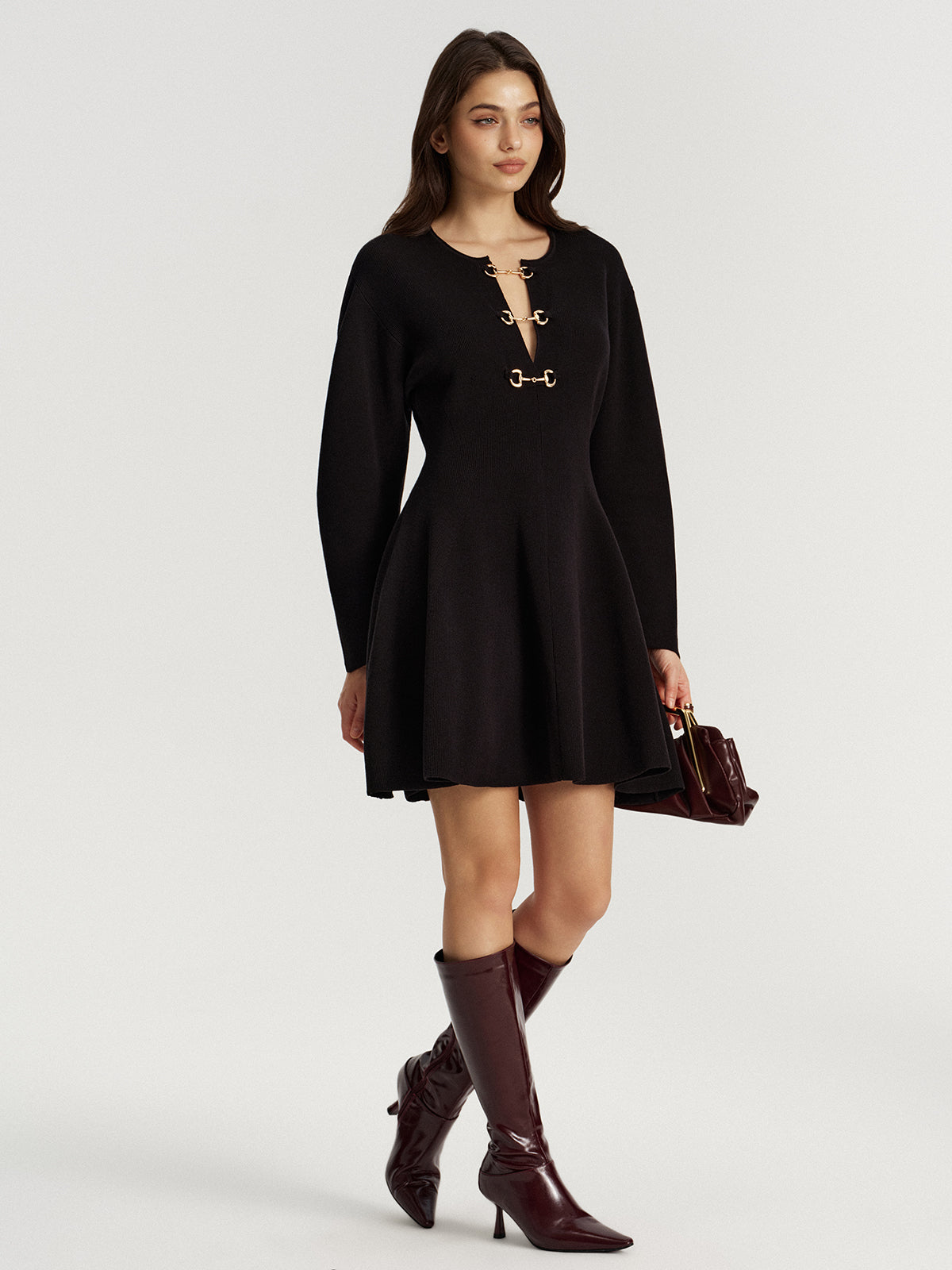 Horsebit Detail Knit Flared Dress-Chicvia