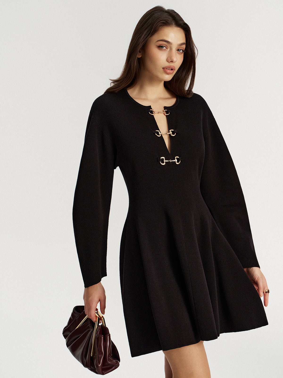 Horsebit Detail Knit Flared Dress-Chicvia