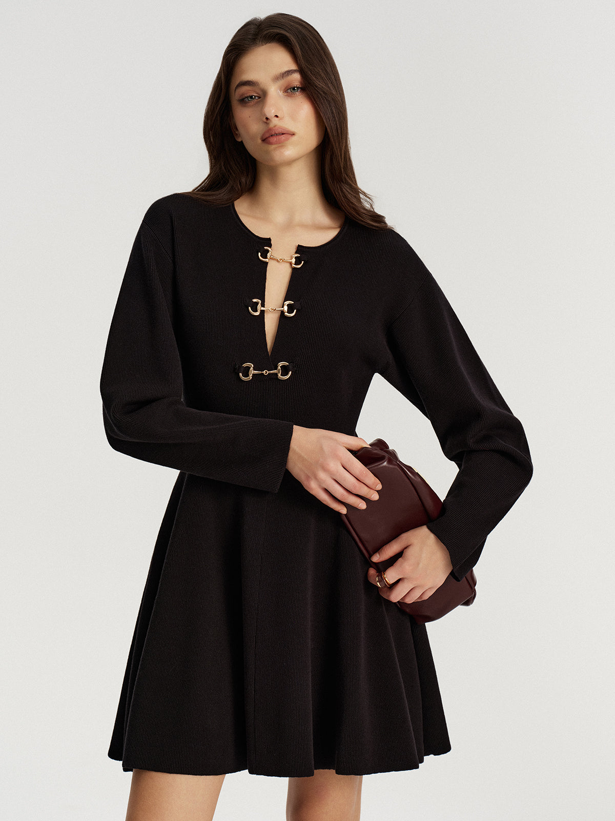 Horsebit Detail Knit Flared Dress-Chicvia