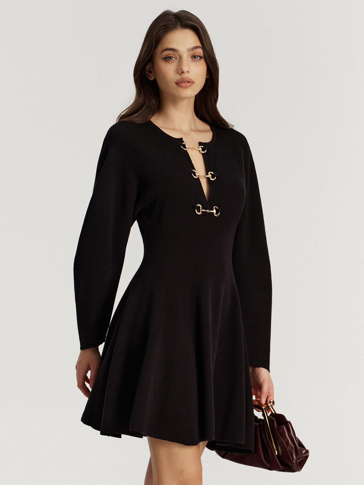 Horsebit Detail Knit Flared Dress-Chicvia