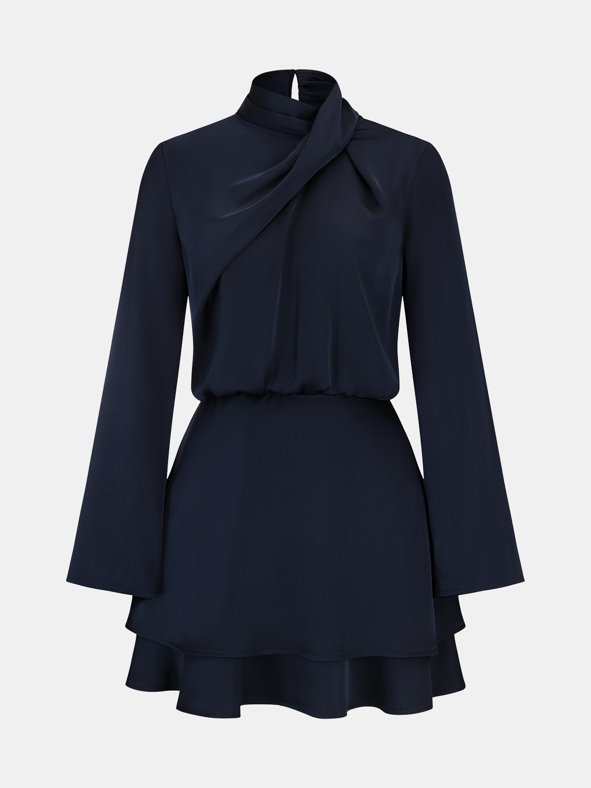 Long Sleeve Cross Neck Satin Tiered Mini Dress-Chicvia