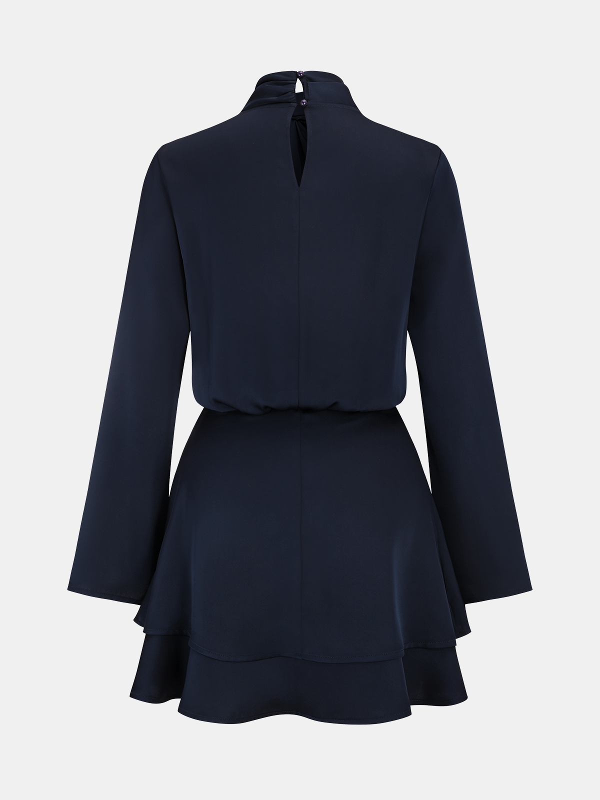 Long Sleeve Cross Neck Satin Tiered Mini Dress-Chicvia