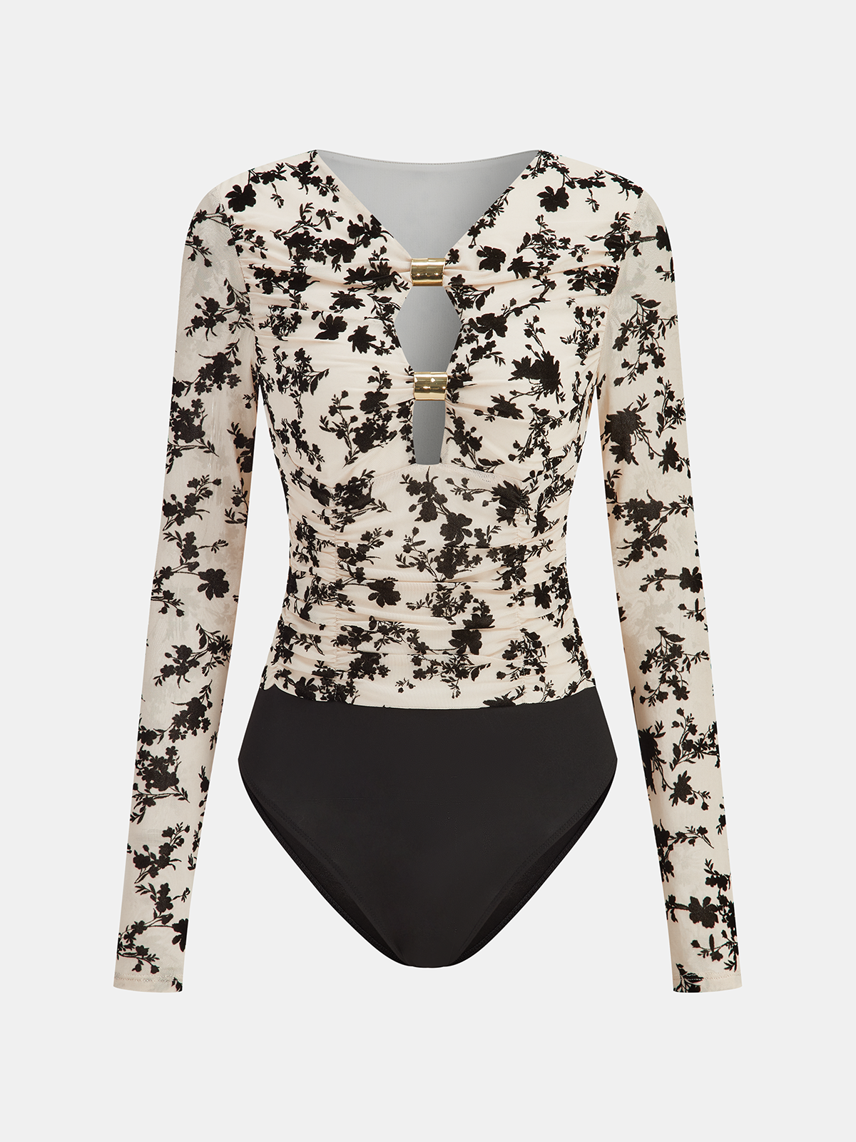 Metal Detail Floral Print Bodysuit-Chicvia