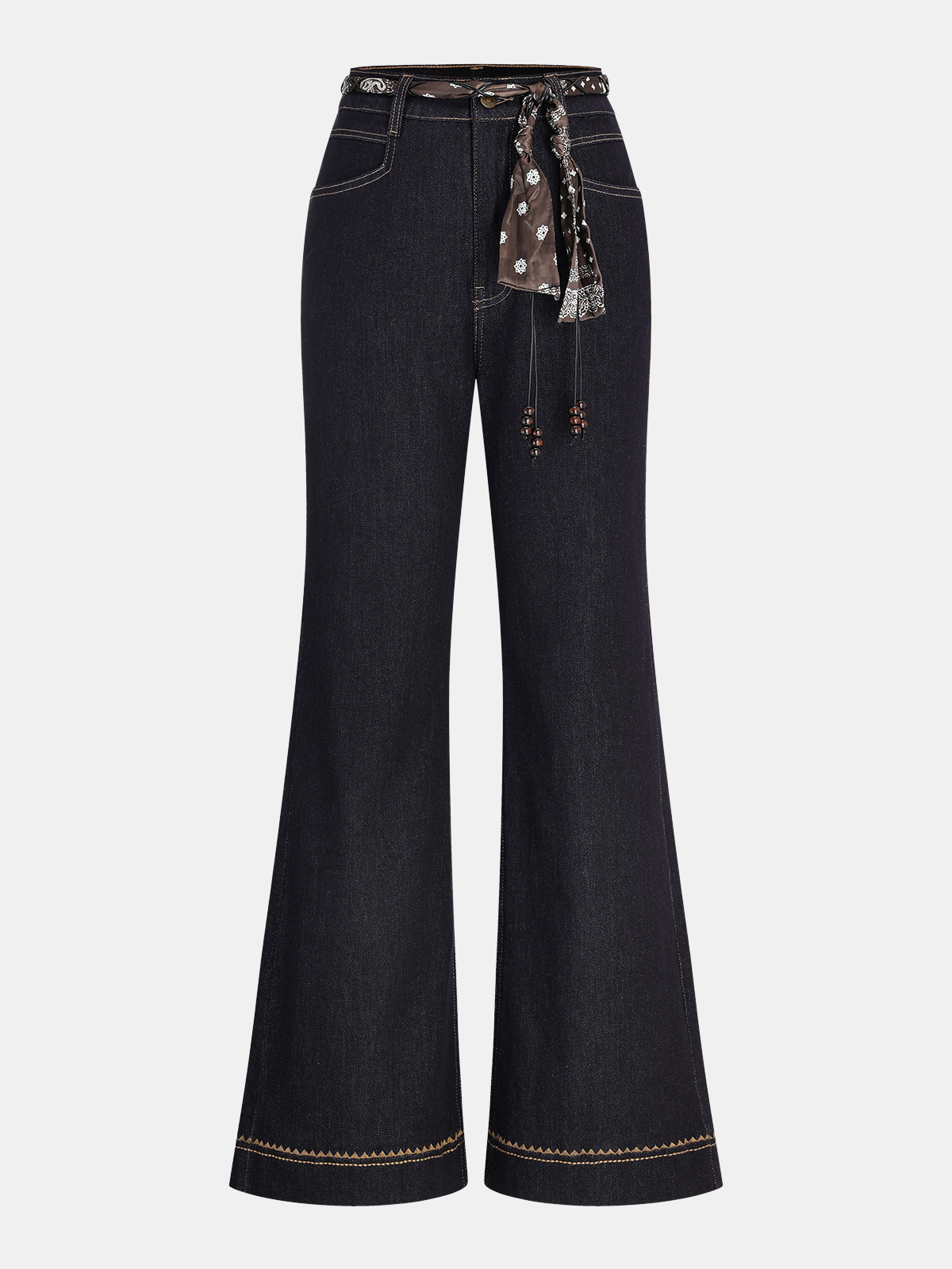 Mid-Waist Flared Jeans with Scarf Belt-Chicvia