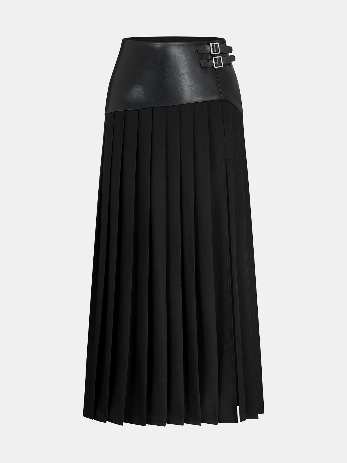 Buckle Detail Faux Leather Panel Pleated Midi Skirt-Chicvia