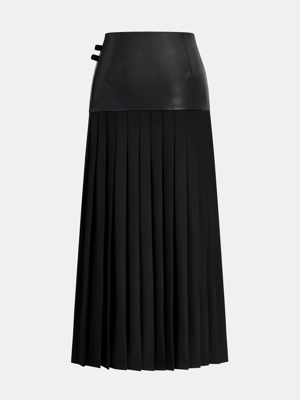 Buckle Detail Faux Leather Panel Pleated Midi Skirt-Chicvia